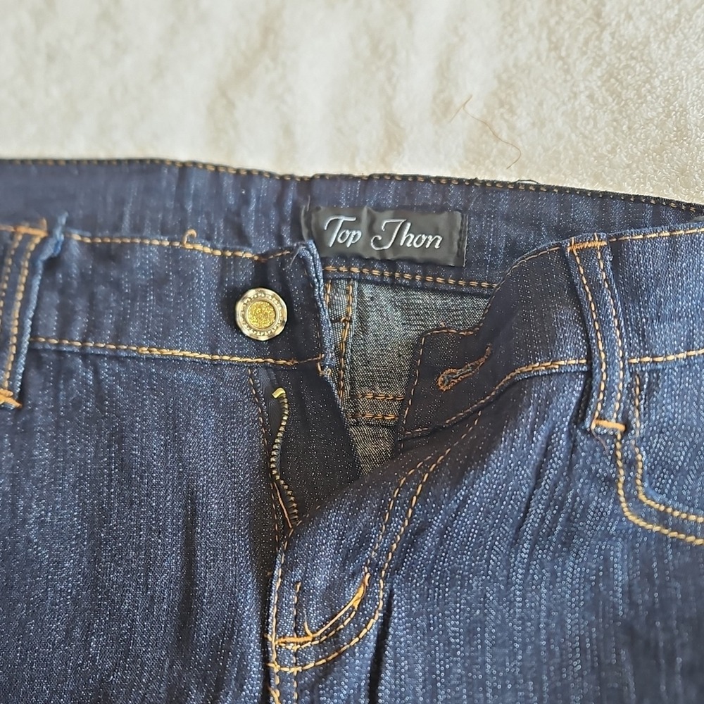 Top Jhon Dark Blue Denim Straight Jeans woman 5-Pocket Button Embroidered - Picture 6 of 12